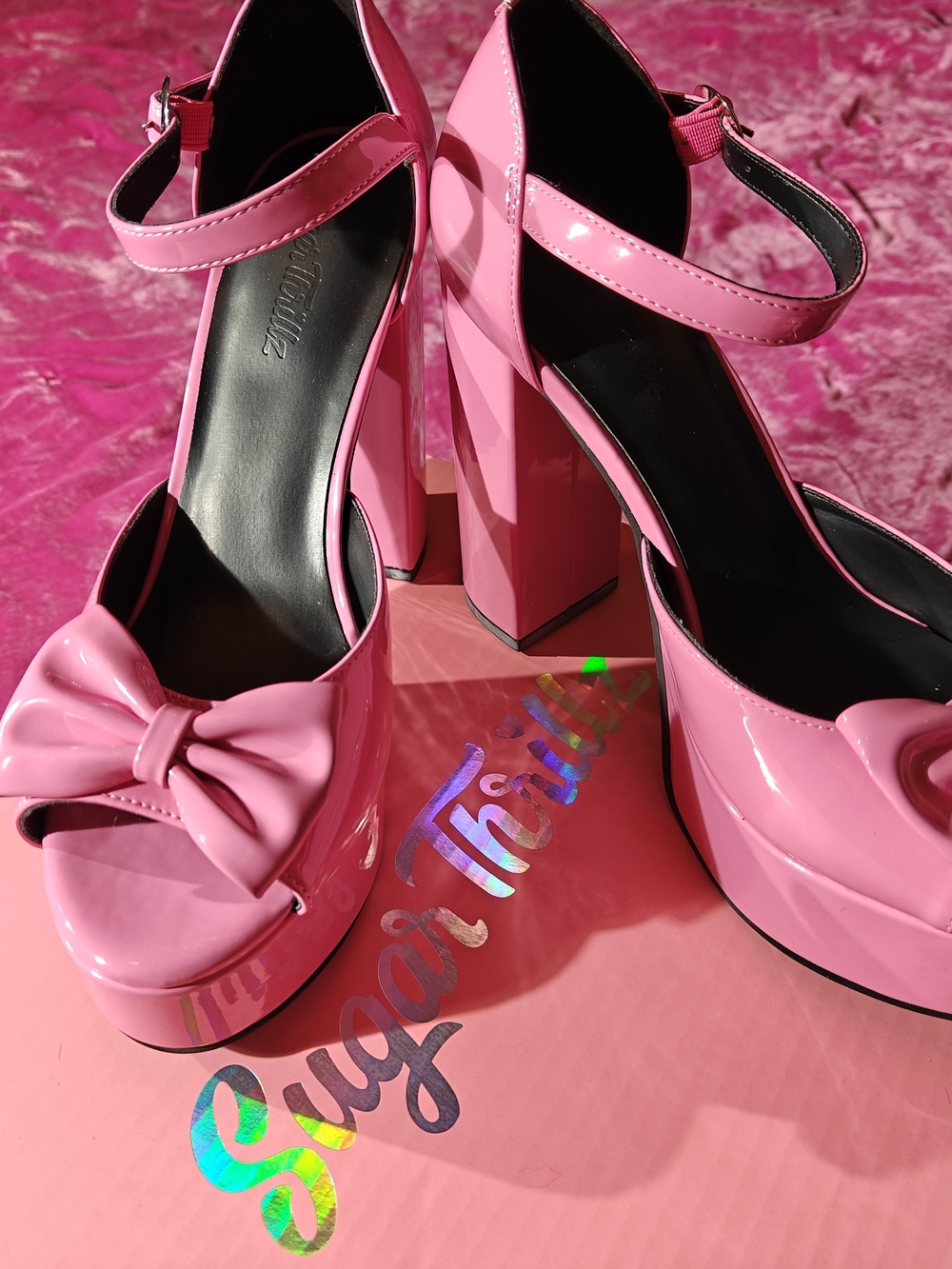 Sugar Thrillz "Rich Witch" Pink Bow Barbie Patent Mary Jane Platform Heels Rare